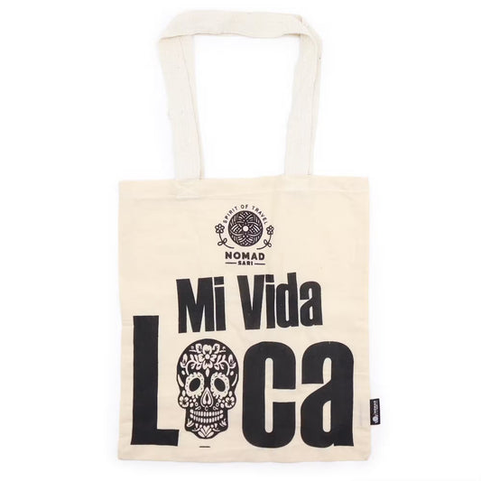 Mi Vida Loca natural 4oz cotton tote bag featuring colourful sugar skull artwork.