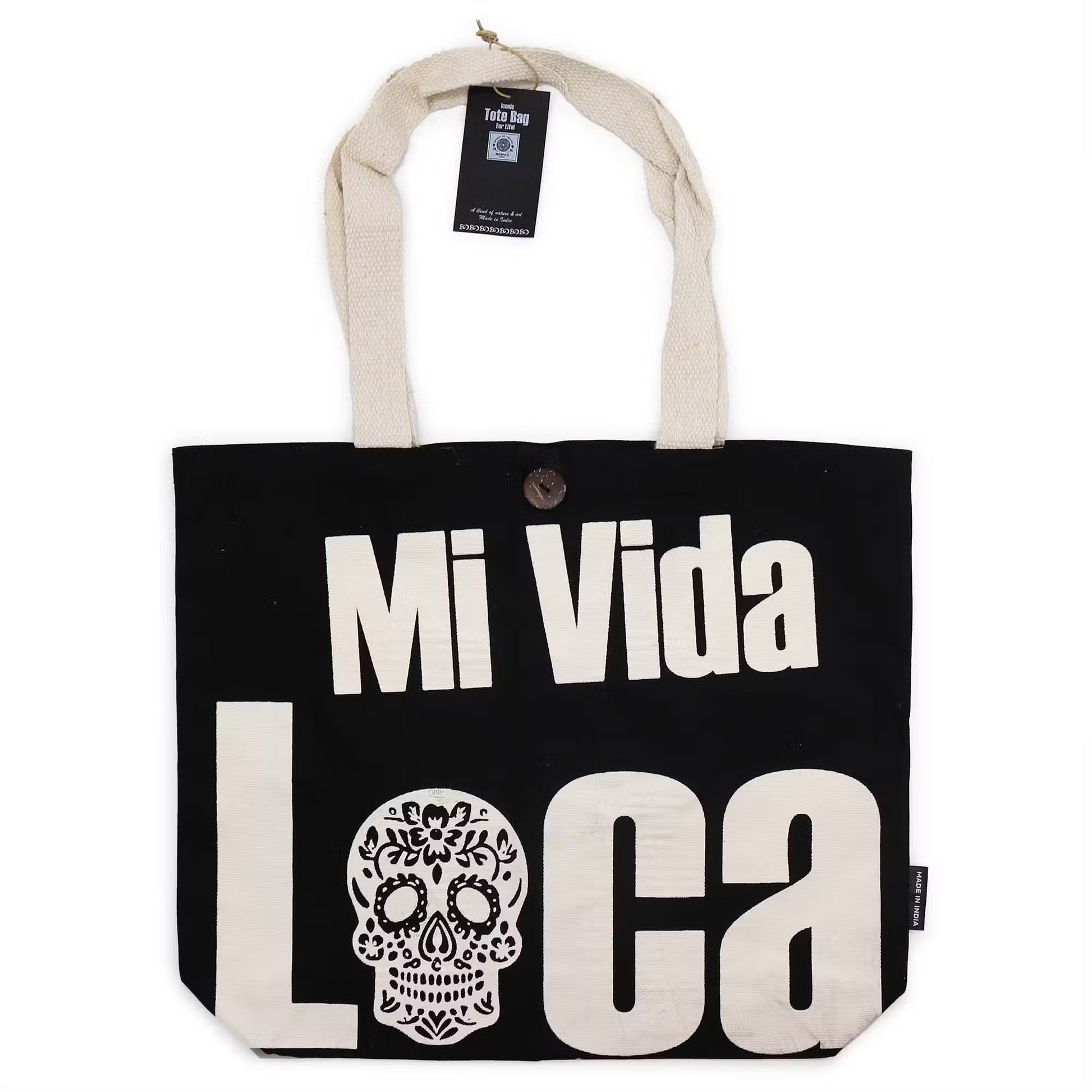 Mi Vida Loca black and natural 10oz cotton tote bag with sugar skull artwork and wooden button closure.